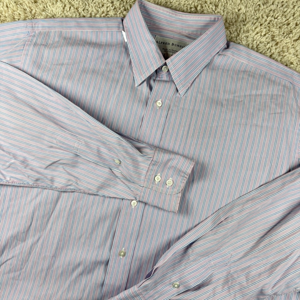 Alfred Dunhill Dress Shirt 16.5 35.5 Made in England Cotton Purple Blue Stripe